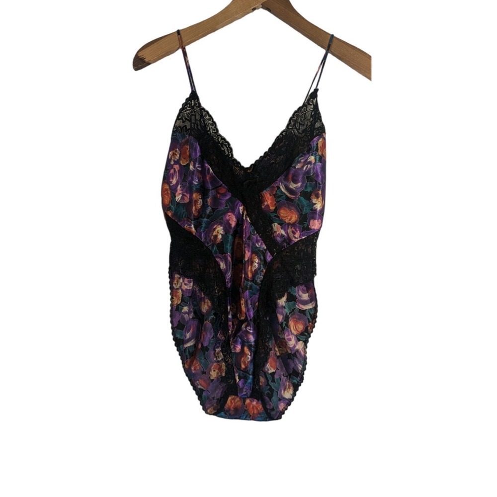 Vtg Polyester Super High-Waisted High Cut Lace Floral Bodysuit Med